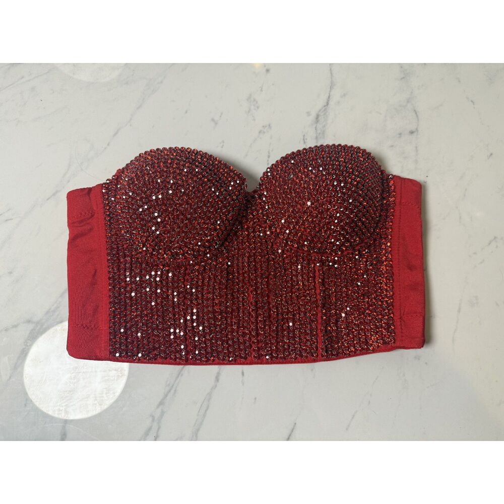Windsor Red Rhinestone Bustier Corset Top Size L Sparkly Strapless Y2K DS4334